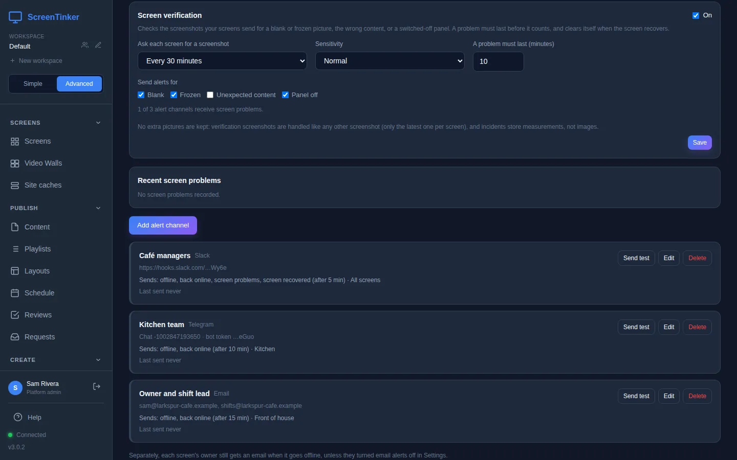 The ScreenTinker Alerts page. At the top, Screen verification is On, asking each screen for a screenshot every 30 minutes, sensitivity Normal, a problem must last 10 minutes, alerts for Blank, Frozen and Panel off. Recent screen problems says no screen problems recorded. Below the Add alert channel button are three channels: Café managers (Slack, sends offline, back online, screen problems and screen recovered after 5 minutes, all screens), Kitchen team (Telegram, offline and back online after 10 minutes, group Kitchen) and Owner and shift lead (Email, after 15 minutes, group Front of house), each with Send test, Edit and Delete buttons.