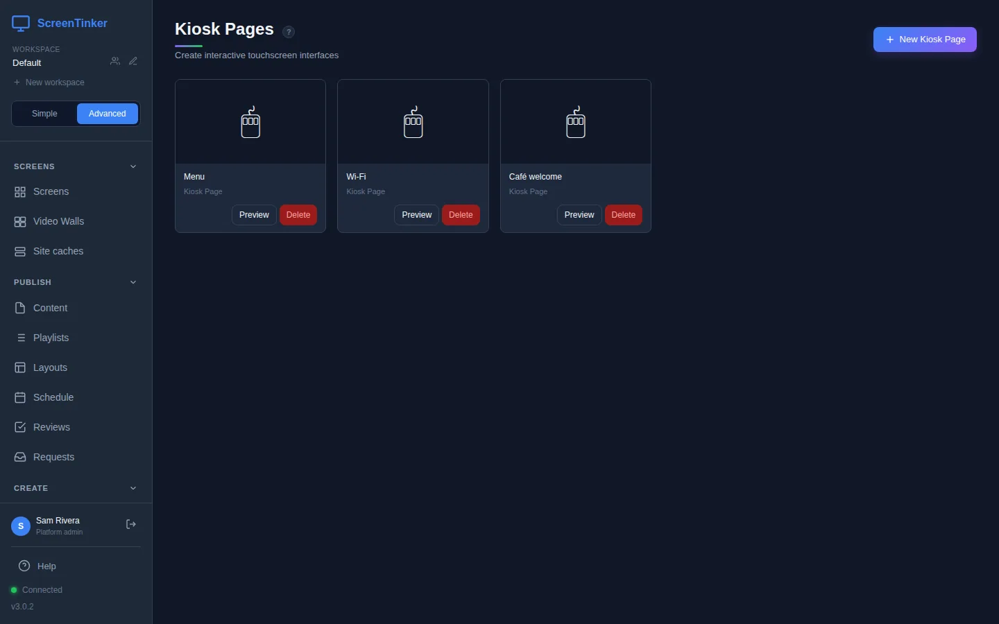 The Kiosk Pages list with three cards called Menu, Wi-Fi and Café welcome. Each card says Kiosk Page and has a Preview button and a red Delete button. The New Kiosk Page button is at the top right.