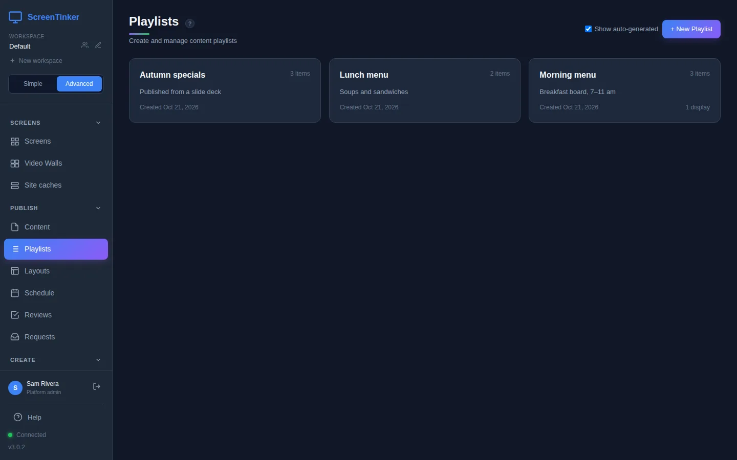 The Playlists page with three playlists: Autumn specials, 3 items, Published from a slide deck; Lunch menu, 2 items; and Morning menu, 3 items, on 1 display.